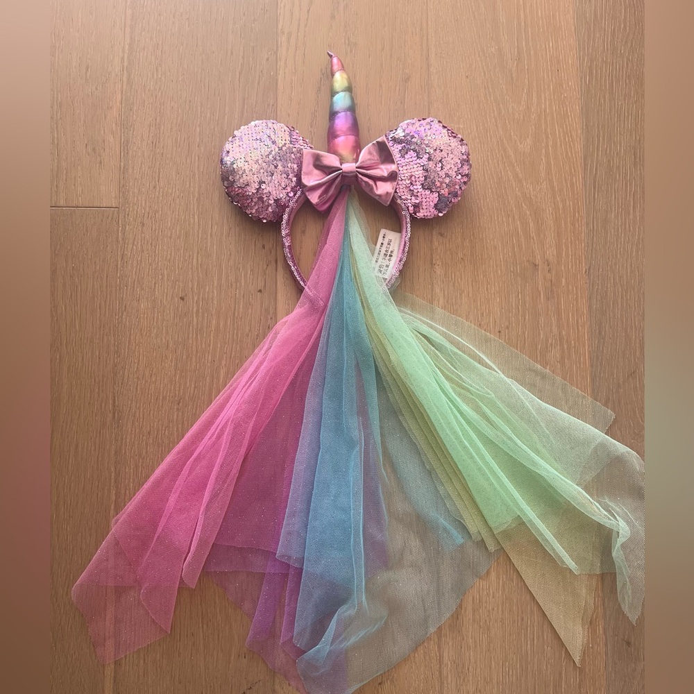 Disneyland Pink Sequin Unicorn Headband with Rainbow Tulle 🎀